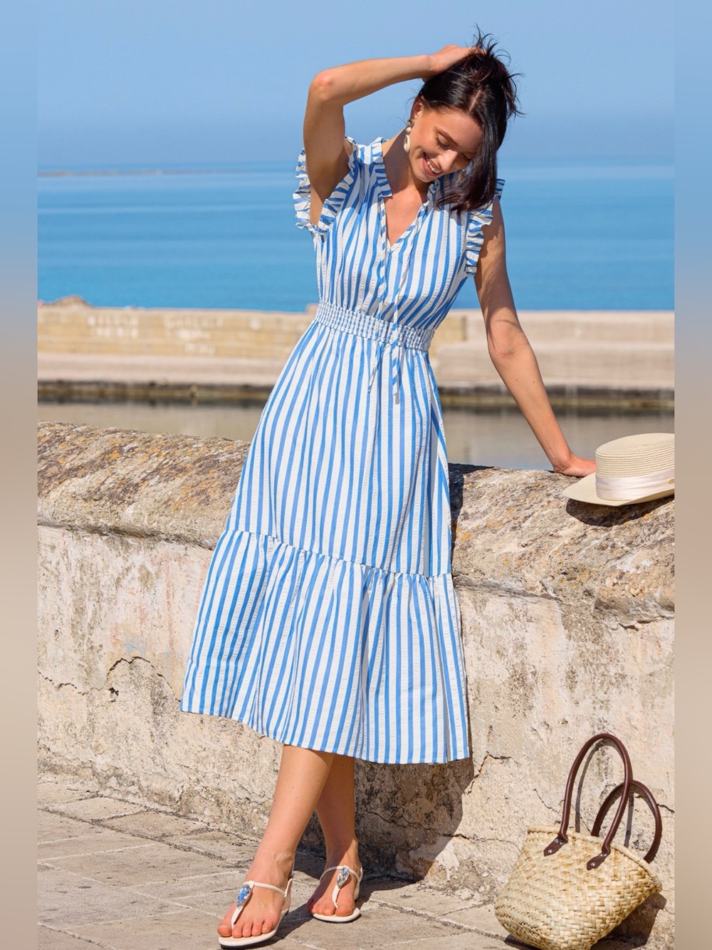 Blue & White Striped Ruffled Midi Dress